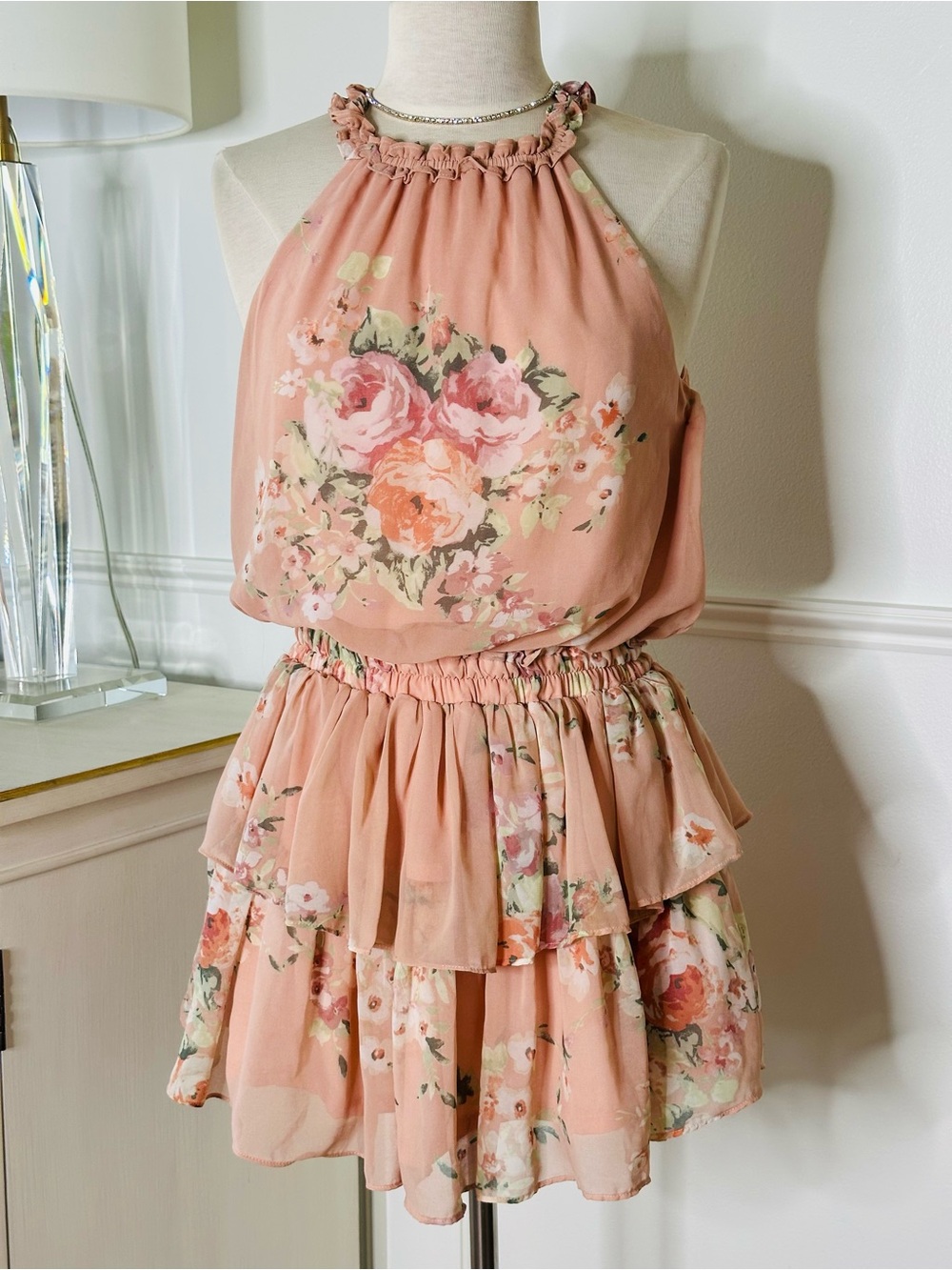 Floral Halter Mini Dress Skort in Blush Pink